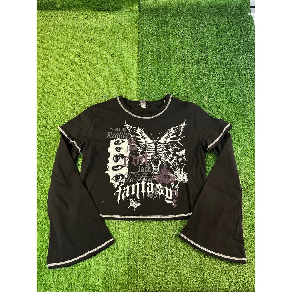 Social Collision Black Evil Dark Twisted Fantasy Butterfly Crop Top Large